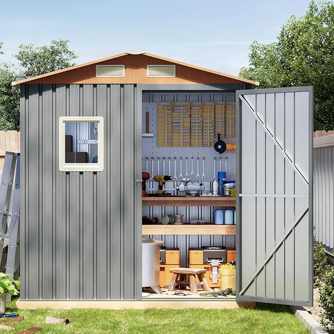 6x4FT Multi-Used Shed & Outdoor Storage,Steel Tool Shed with Frame Floor,Lockable Doors,Window,Vent,Compact Metal Tool Garden Shed for Garden, Backyard, Patio, Lawn and Various Storage(Matte Gray)
