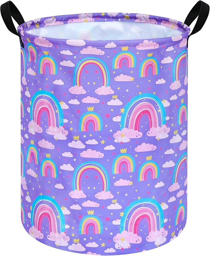 Purple Rainbow 19.7 Inch Round Laundry Clothes Hamper Laundry Basket with Handles,Storage Organizer Bins Laundry Gift Basket for Room, Bedroom Decor