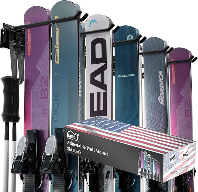 USA Based Ski Rack Wall Mount, Holds 10 Pairs for Ski Storage Rack, Snowboard Hanger & Ski Holders for Wall Storage Racks for Garage, Ski Hangers for Wall Holds Up to 125lbs, 5 Hooks Black