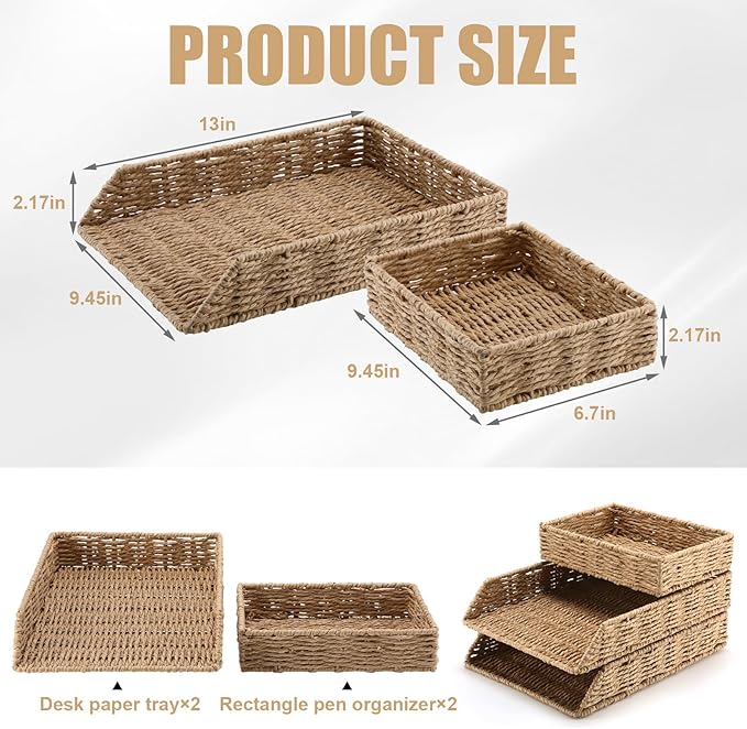 Geelin 3 Pack Paper Rope Woven Stackable Desk Organizer Letter Tray, Primary Color Tabletop Desk Basket for Storage Paper Letter Folders Notebooks Copy Print, Workspace Holder