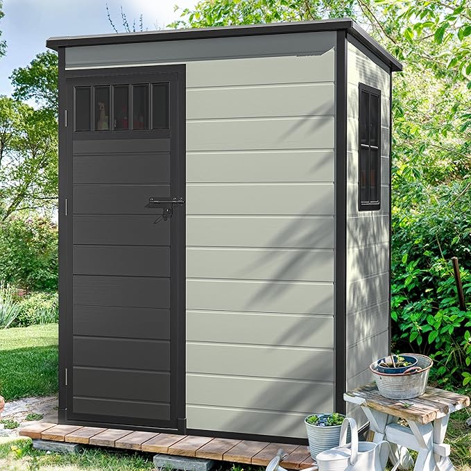 DWVO 5x3FT Outdoor Storage Shed with Fence-Style and Side Windows, Floor & Lockable Doors, Plastic Storage Shed, Storage Shed for Backyard and Garden, Blue-Gray