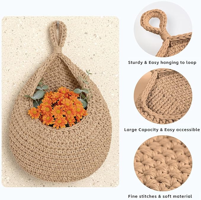 Hanging Storage Baskets Boho Decor Set of 3, Handmade Cotton Rope Wall-Mounted Fruit & Vegetable Baskets, Decorative Hanging Organizers for Kitchen, Entryway, Bathroom & Bedroom