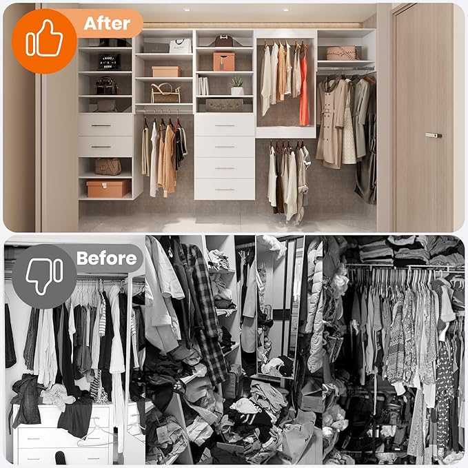 ROOMTEC Modular Closet System, 60" Wall Mounted Modern Closet Organizer with Hanging Rods and Shoe Shelf, Wooden Tower for Walk-In Closets, Wardrobe Storage Kit, White