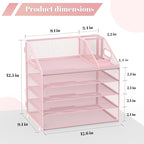 Letter Tray Paper, 5 Tier Desk Organizer with Pen Holder and Handle, Mesh File Organizer Paper Sorter Metal Desktop Document Shelf for Office Home Classroom - Pink
