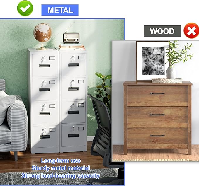 SUXXAN 4 Drawer File Cabinet, Metal Vertical File Storage Cabinet with Lock, Office Home Steel File Cabinet for A4 Letter/Legal Size, Assembly Required