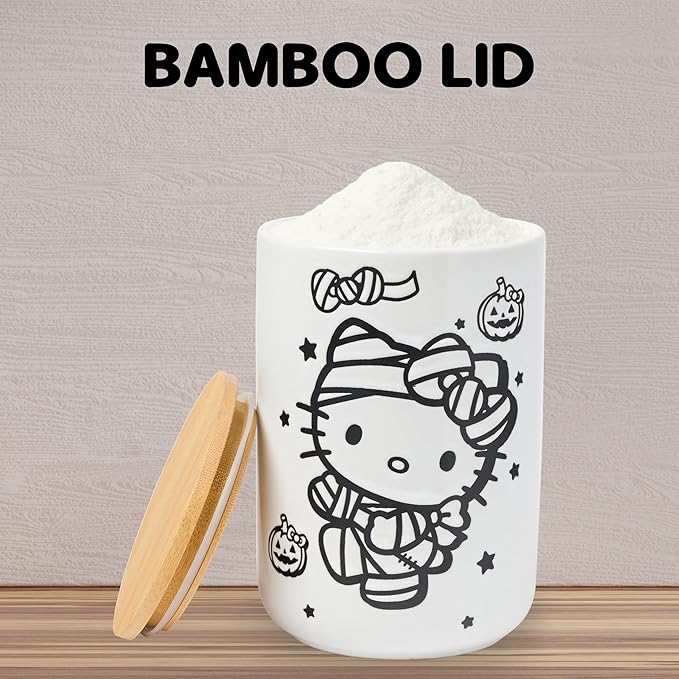 Silver Buffalo Sanrio Hello Kitty Halloween Spooky Mummy Ceramic Cookie Snack Candy Jar with Airtight Bamboo Lid (Small)