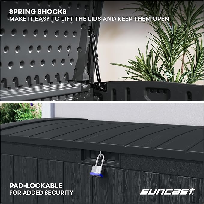 Suncast 134-Gal. Resin Extra-Large Outdoor Patio Deck Box with Pad-Lockable Lid, Modern Outdoor Patio Bench/Storage Box for Cushions, Garden Tools, and More, Iron Ore