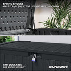 Suncast 134-Gal. Resin Extra-Large Outdoor Patio Deck Box with Pad-Lockable Lid, Modern Outdoor Patio Bench/Storage Box for Cushions, Garden Tools, and More, Iron Ore