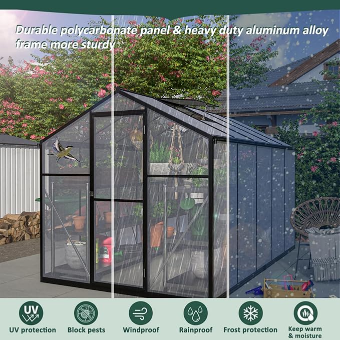 Polycarbonate Greenhouse for Outdoors, Large Walk-in Aluminum Frame Greenhouse with Lockable Door, Adjustable Roof Vent, UV Protection, Weather-Resistant for Garden Backyard (Black,6x10 FT)