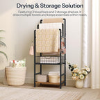 HOOBRO Freestanding Towel Rack for Small Bathroom, 3-Tier Towel Holder with Storage Shelf, Basket & Hooks, Space Saving Bathroom Organizer for Towels & Toiletries, Rustic Brown BF13LB01