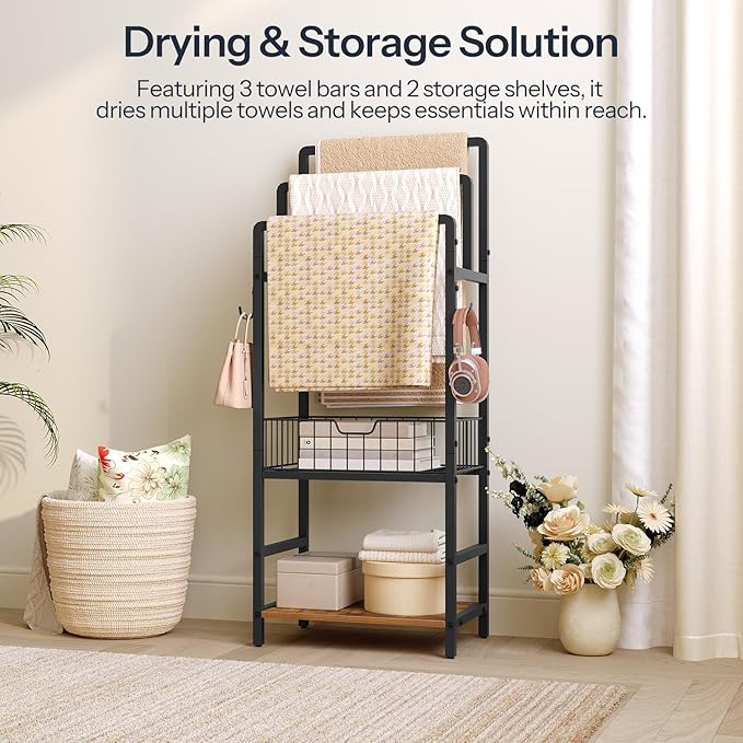 HOOBRO Freestanding Towel Rack for Small Bathroom, 3-Tier Towel Holder with Storage Shelf, Basket & Hooks, Space Saving Bathroom Organizer for Towels & Toiletries, Rustic Brown BF13LB01