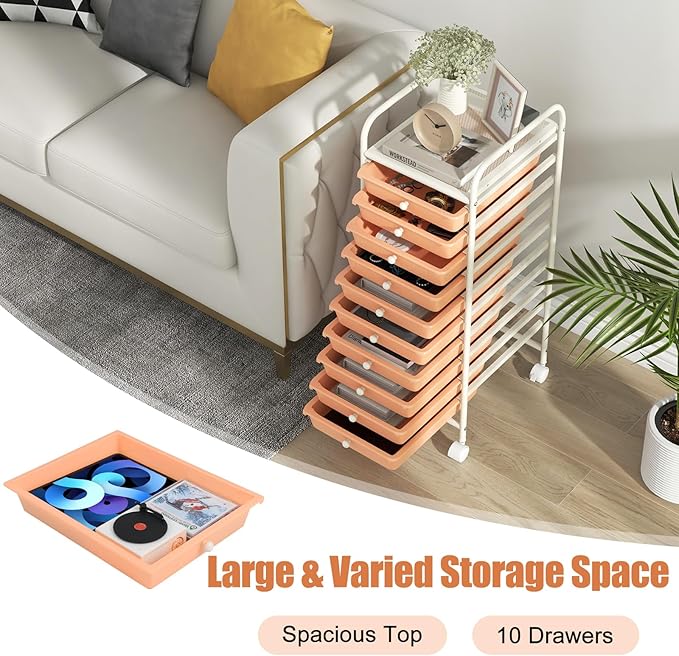 GOFLAME 10-Drawer Rolling Storage Drawer Cart, Utility Cart with Removable Drawers & Metal Frame, Mobile Art Craft Drawer Cart with Lockable Wheels for Home, Office, Studio, School, Peach Fuzz