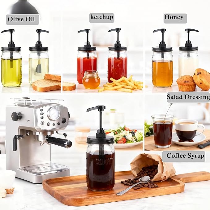 GMEPOCH 32 oz Mason Syrup Sauce Honey Dispenser Pump Bottle 1 Quart Wide Mouth Glass Coffee Syrup Condiment Ketchup Container Food Grade Airtight & Leak-Proof