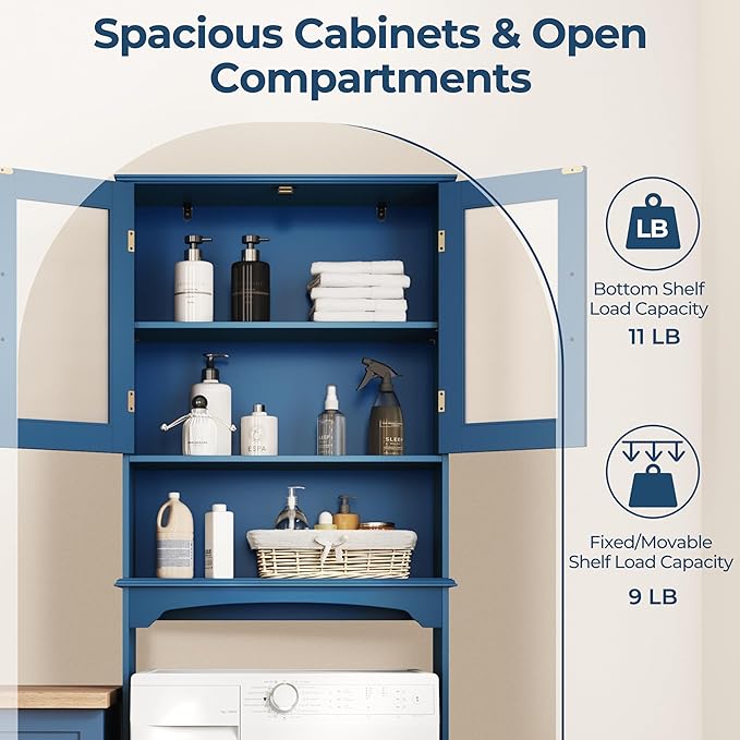 Yaheetech Over The Toilet Storage Cabinet, Free Standing Toilet Rack with Adjustable Shelves and Tempered Glass Doors for Bathroom Washroom, Navy Blue