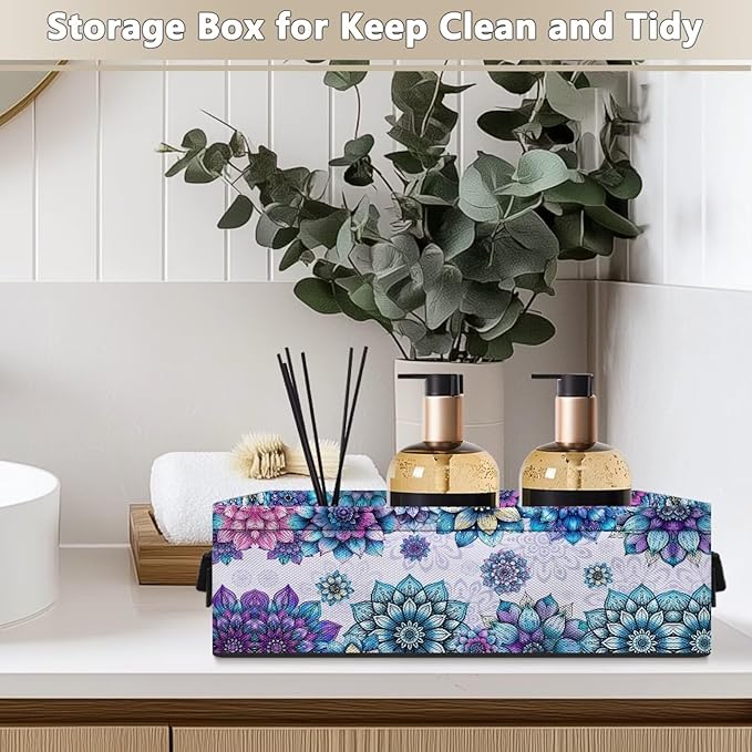 Storage Baskets for Organizing Toilet Paper Storage Bin Fabric Organizers Utility Basket Shelve Baskets for Home Bathroom Closet Organization, Blue Violet Boho Flower