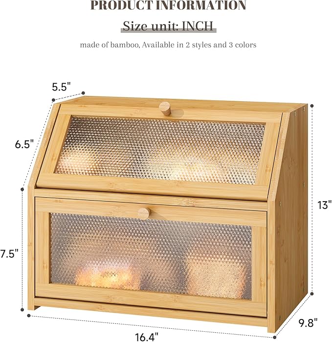 Bread Box for Kitchen Countertop Bin Double Layer Bread Box Storage Container Extra Large Capacity Farmhouse with Diamond Pattern Windows (Natural, Large)