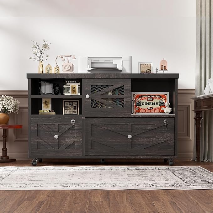 Semoic Gray Lateral File Cabinet with Lock, 2 Drawer Rolling Filing Cabinet for Home Office, Mobile Storage Cabinet with Open Shelves & Sliding Door, Fits Legal/Letter/A4 Files, Herringbone Design
