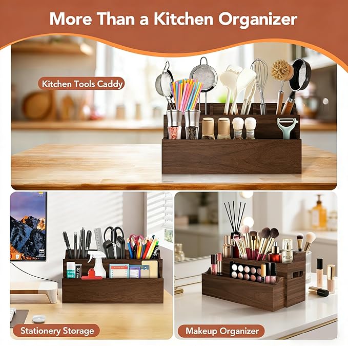 Wooden Utensil Holder for Kitchen Counter, Large Divided Utensil Crock with Removable Compartments, Farmhouse Cooking Utensil Organizer with Spoon Rest & Wall Mount Option