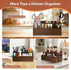 Wooden Utensil Holder for Kitchen Counter, Large Divided Utensil Crock with Removable Compartments, Farmhouse Cooking Utensil Organizer with Spoon Rest & Wall Mount Option