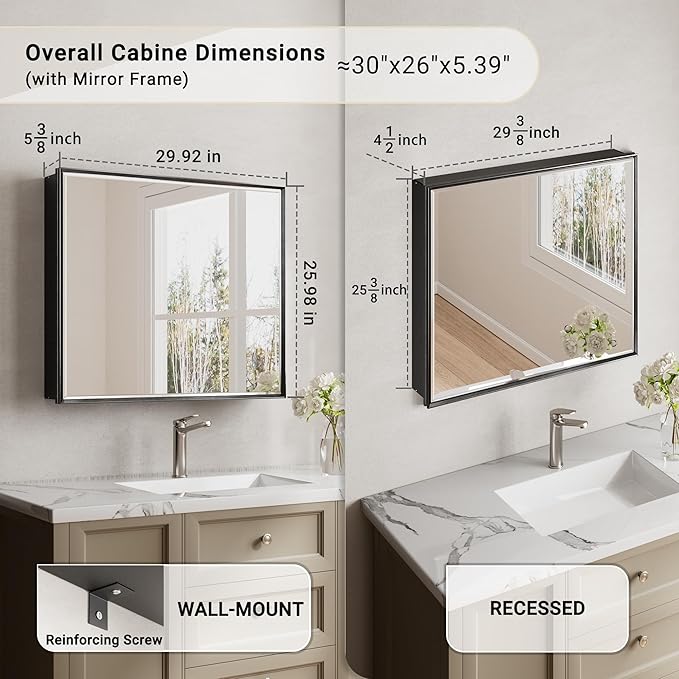 30x26 Pre-Assembled Black Medicine Cabinet with Mirror, Surface or Recessed Medicine Cabinet Mirror for Bathroom, Aluminum Beveled Frame Bathroom Vanity Mirror with Adjustable Shelves Storage