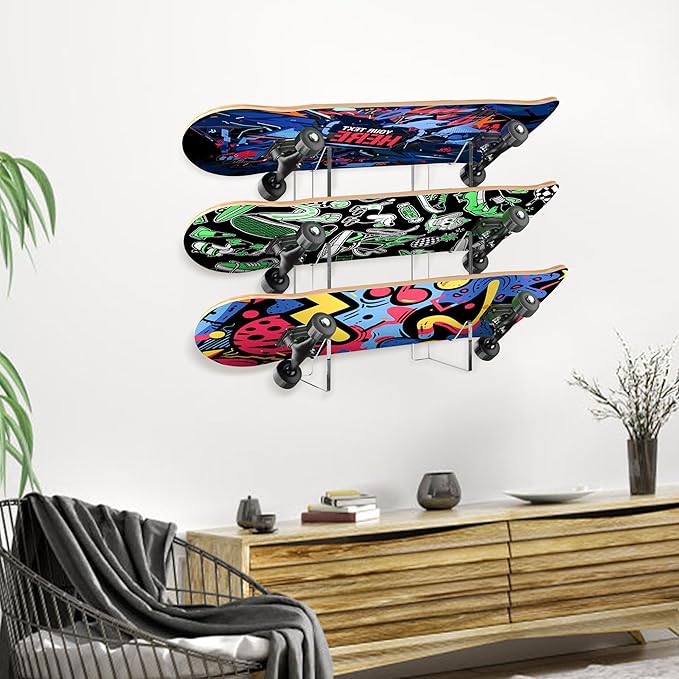 Acrylic Skateboard Wall Mount Display Rack, 3 Tier Horizontal Skateboard Storage Hanger, Space Saving for Secure Storage of Skateboards, Snowboards, Longboards, Easy to Install