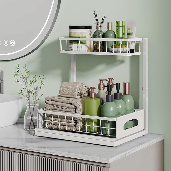 Under Sink Organizer, 2 Pack Cabinet Organizer for Kitchen, Height Adjustable Pull Out Heavy Duty 2 Tier Metal Under Sink Storage for Bathroom Pantry (White, 1 Pack)