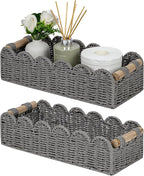 CubesLand Bathroom Basket Organizer, Toilet Tank Paper Storage Baskets 2-Pack, Scalloped Decorative Basket for Countertop w/Handle, Wicker Basket for Bathroom Decor, Home Decor, Living Room, Grey