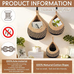 Honeydak Boho Decor Hanging Wall Baskets for Kitchen 3 Pack Teardrop Baskets with Hooks Storage Fruit Onion Vegetable Potato for Home 3 Sizes(Linen with Black,Teardrop,Cotton Rope)