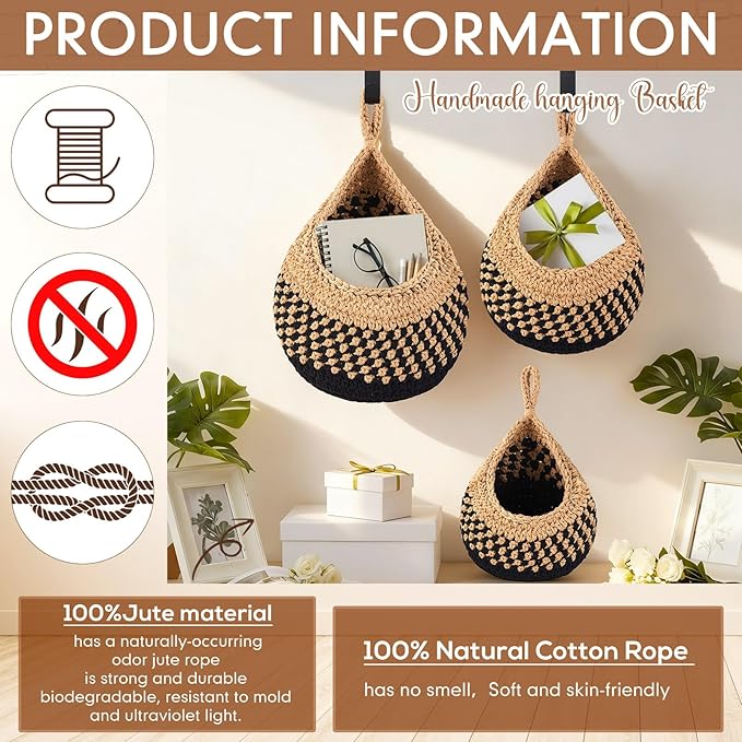 Honeydak Boho Decor Hanging Wall Baskets for Kitchen 3 Pack Teardrop Baskets with Hooks Storage Fruit Onion Vegetable Potato for Home 3 Sizes(Linen with Black,Teardrop,Cotton Rope)