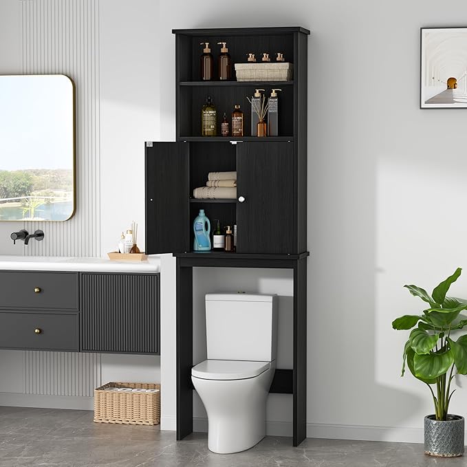 Walsunny Over The Toilet Storage Cabinet, Bathroom Organizer with Open Shelves and Double Doors, Space Saving Toilet Storage, Black