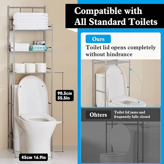 Hoomtaook 3-Tier Over The Toilet Storage Rack - Metal Over Toilet Bathroom Organizer Shelf, Freestanding Over Toilet Bathroom Organizer for Bathroom, Laundry, Living Room, Grey