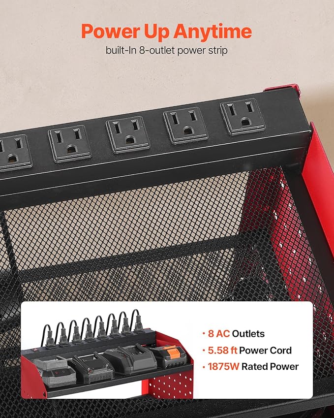 VEVOR Power Tool Organizer with Charging Station, 3-Layer Drill Storage Rack with 4 Drill Holders & Side Pegboard, Garage Tool Organizer Built in 8 Outlet Power Strips for Garage, Workbench, Workshop