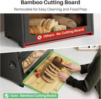 SNTD Bread Box - Kitchen Countertop Bread Storage Container with Bamboo Cutting Board, Adjustable Vent Hole Dials, Black