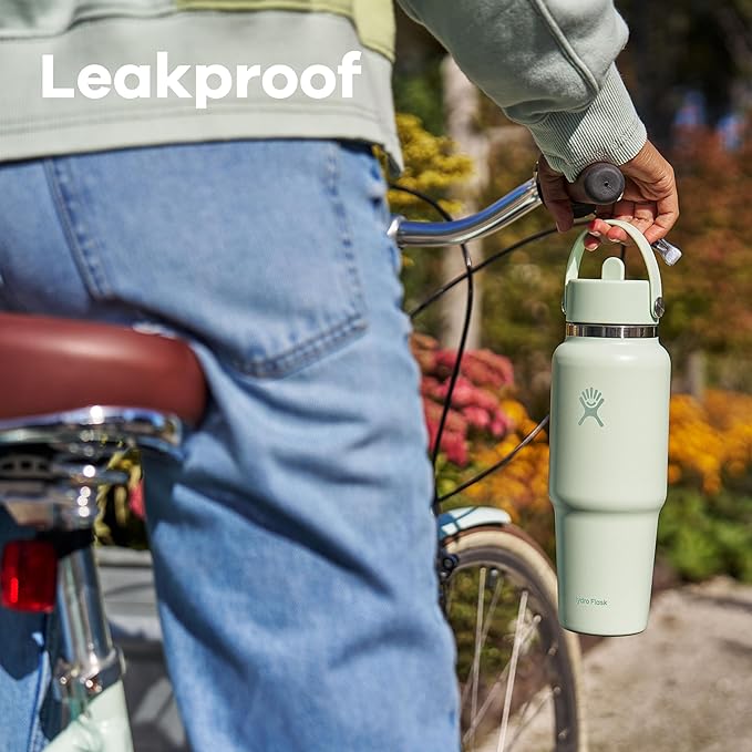 Hydro Flask Travel Water Bottle - Insulated Stainless Steel - Wide Straw Lid, Non Spill, Leakproof in 24 Oz Aloe Green