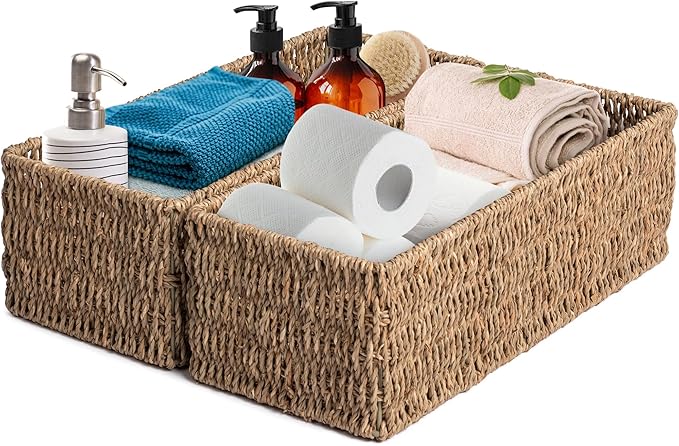 JS HANGER Paper Storage Basket, Metal Frame, Set of 2, 14.9"L x 6.3"W x 4.7"H, Wicker Basket for Pantry, Toilet, Bathroom, Bedroom, Patio Storage Baskets for Shelves