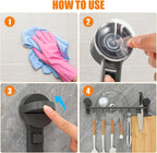 No Drill Kitchen Utensil Rack with 10 Hooks : Wall Mounted Suction Cup Holder for Hanging Spoons Towels Tools - Adjustable Double Rod Organizer for Kitchenware Storage