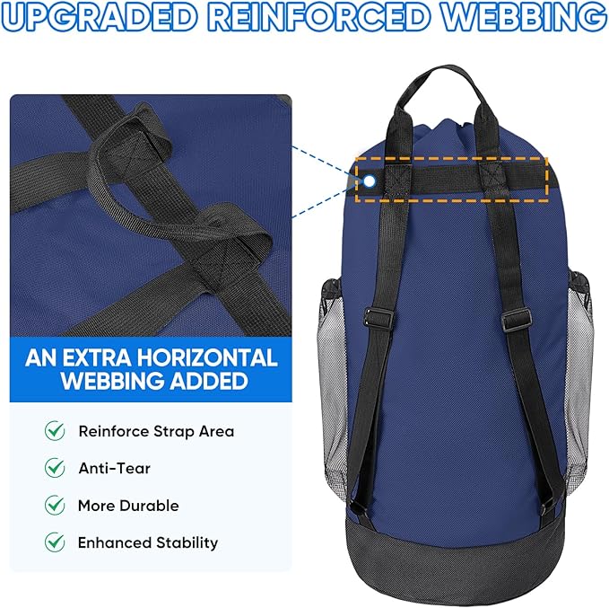BALEINE 2PK 120L Laundry Bag Backpack, 900D Oxford Fabric Large Travel Laundry Bags with Shoulder Straps and 2 Mesh Pockets for College Dorm, Apartment, Laundromat (Navy, 120L)