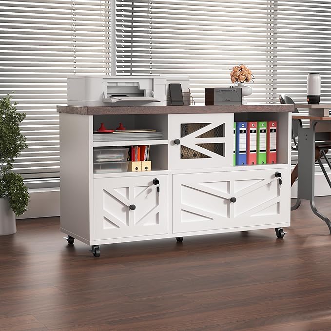 Semoic White Lateral File Cabinet with Lock, 2 Drawer Rolling Filing Cabinet for Home Office, Mobile Storage Cabinet with Open Shelves & Sliding Door, Fits Legal/Letter/A4 Files, Herringbone Design