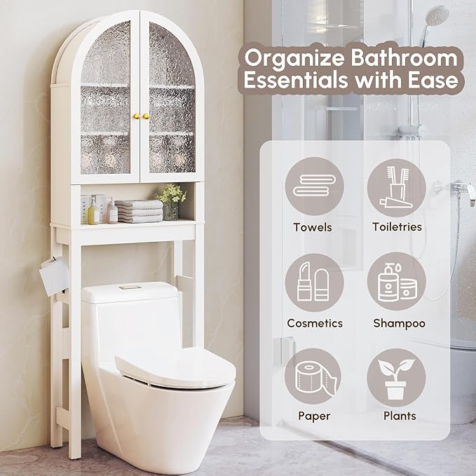 HMstone Over The Toilet Storage Cabinet, Arched Bathroom Organizer and Storage with Acrylic Doors and Adjustable Shelf, Space-Saving Freestanding Bathroom Modern Storage Cabinet Over Toilet, White