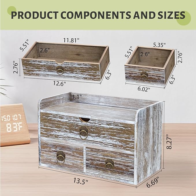 Wood Desk Organizer with Drawer, Washed Brown Wooden Desktop Organizer, Tabletop Storage Organization Box for Countertop, Home Office Supplies (3 Drawer and Shelf)