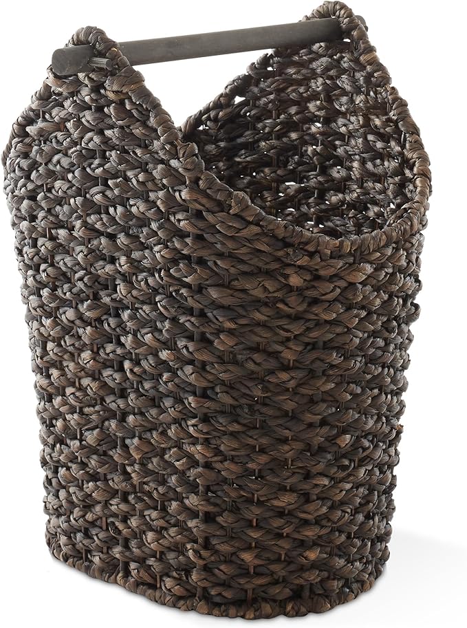 Casafield Toilet Paper Storage Basket with Wood Roll Holder Bar - Espresso, Braided Water Hyacinth Wicker Bathroom Tissue Storage Organizer
