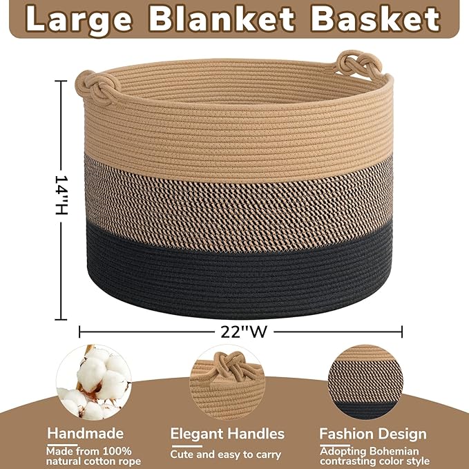 CherryNow 22"x22"x14" Large Blanket Basket, Home Décor for Living Room Bedroom, Decorative Wicker Woven Basket for Clothes, Toy Storage Basket for Kids, Camel Mix & Black