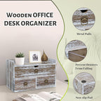 Wood Desk Organizer with Drawer, Washed Brown Wooden Desktop Organizer, Tabletop Storage Organization Box for Countertop, Home Office Supplies (3 Drawer and Shelf)