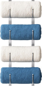 Bathroom Rolled Towel Rack: 4-Tier Wall Mounted Towel Storage Holder, Hanging Organizer for Towels, Blankets, Large Bath Sheets, Space Saving in RV, Closet, Toilet, Cabinet, Silver