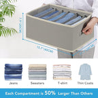 6 Pcs Large Size Wardrobe Clothes Organizers 6 Grids for Pants, Jeans, Sweater, T-shirt, Thin Coat, Dress Stackable Closet Drawer Organizer Storage Bin Container with Sturdy Handles, Grey