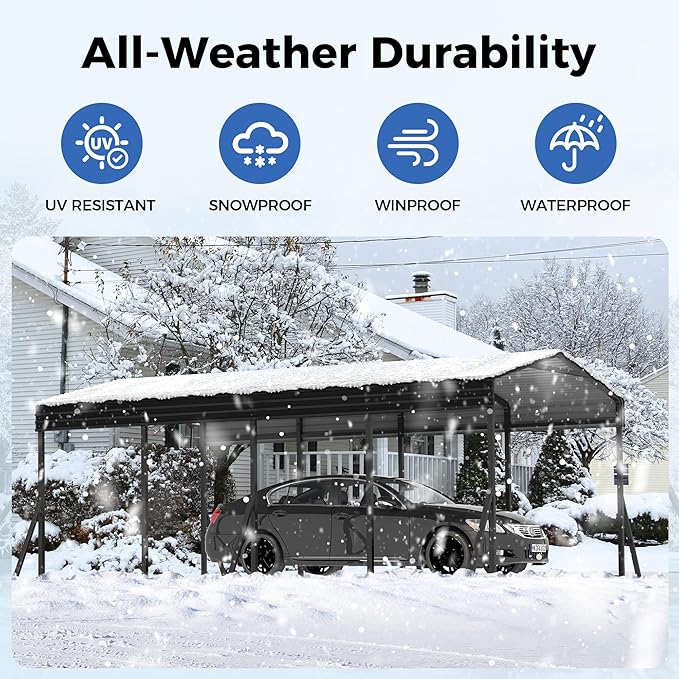 Carport Canopy 12’X20’ Heavy Duty Car Port Galvanized Steel Roof, Reinforced Stable Triangle Frame for Snowy Windy Metal Carports Enhanced Base Car Tent for Car,RV,Pickup,Boat,Truck,Tractor