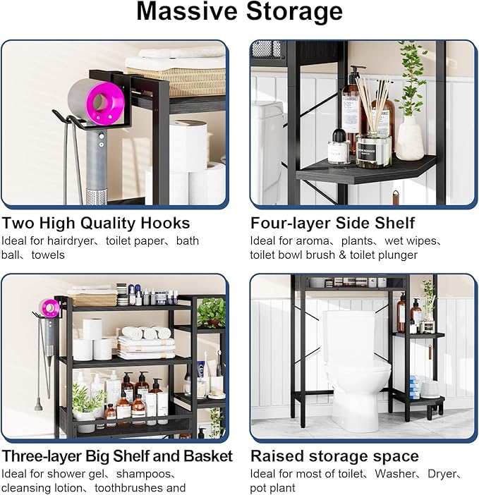 K1 Heavy Duty 7-Tier Over The Toilet Storage（with Basket and Paper Hook） Freestanding Above Toilet Shelf with Adjustable Feet，Space Saver Bathroom Shelves 9.3" D x 33.5" W x 63.8" H，Black