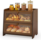 Double Layer Bread Box for Kitchen Countertop, Large Breadbox Bread Container Storage with Acrylic Door, Wooden Farmhouse Bread Holder (Brown, Medim-15.7" L x 9.5" W x 13" H)