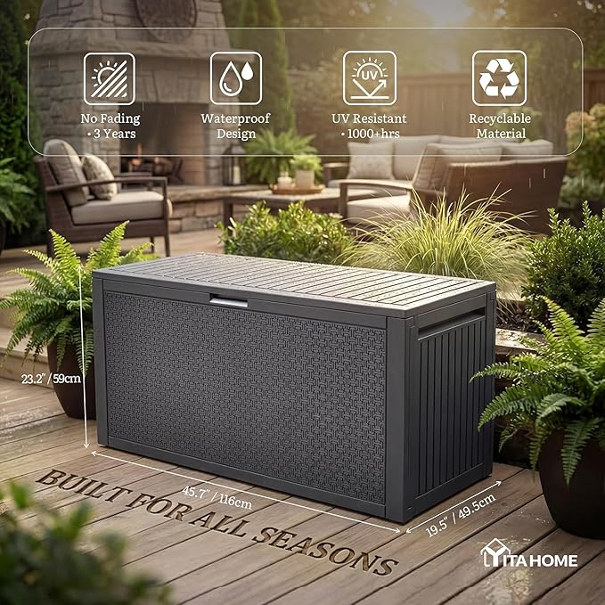 YITAHOME 90 Gallon Large Outdoor Deck Box, Lockable Waterproof Resin Storage Box with Handles, Weatherproof & UV Resistant, Patio Garden Tool Container for Outdoor Furniture, Dark Grey