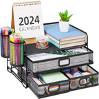 Marbrasse 3 Tier Mesh Desk Organizer with Drawer, Multi-Functional Desk Organizers and Accessories, Paper Letter Organizer with 2 Pen Holder for Home Office Supplies (Black)